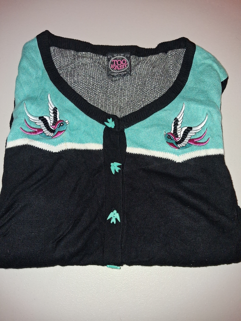 Too Fast Black & Aqua V-Neck Bird Embroidered Cardigan